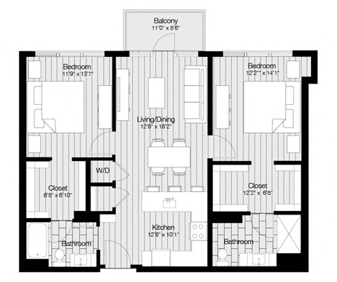 Floor plan for 2 beds, 2 baths, 1125 sqft